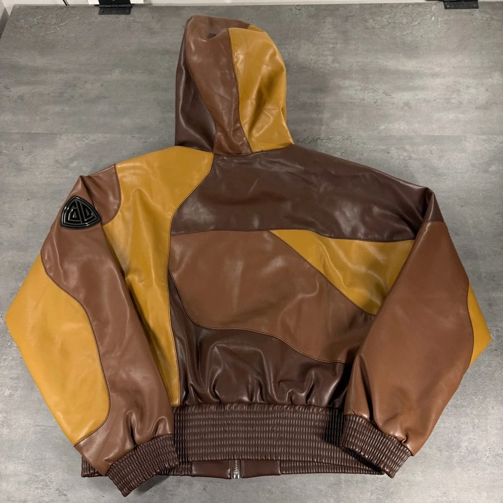 Cold Culture Route Jacket M Brown Colorblock Hooded Bomber $189 Vegan Leather